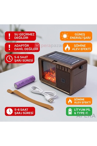 Fepe Fp-611-s Güneş Panelli Bluetooth Radyo Şömine Alev Efektli Aynalı Şarjlı Taşınabilir Hoparlör Koyu Kahve
