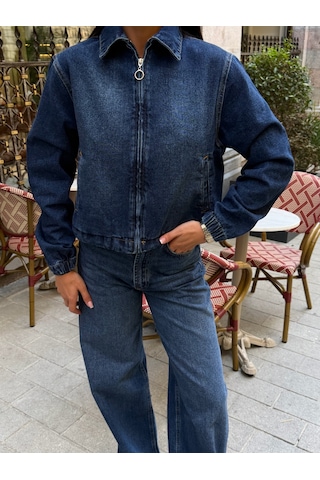Out Of Standart Kadın Cropped Fermuar Detaylı Denim Ceket Blue
