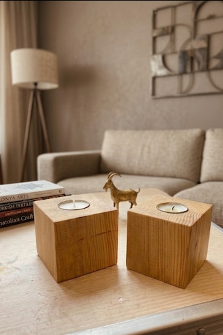 Doğal Masif Ahşap Küp Mumluk - 2'li Set Hediyelik Tealight Mum Tutucu Dekoratif Obje