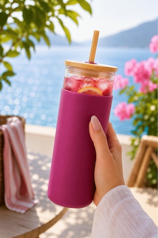 Bambu Pipetli Cam Bardak 550 Ml Silikon Kılıflı Kahve Bubble Tea Ve Su Şişesi - Pembe