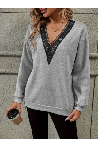 Kadın V Dantel Yaka Uzun Kollu Şardonsuz Üç İplik Bluz