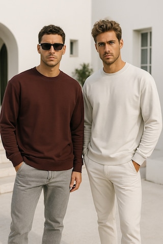 Rich Erkek 2'li Paket Kahverengi - Krem Bisiklet Yaka Scuba Basic Sweatshirt Kahverengi