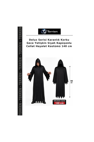 Delux Serisi Karanlık Korku Gece Yetişkin Siyah Kapüşonlu Cellat Hayalet Kostümü 140 Cm