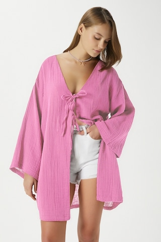 Ritnice Kadın Sandra %100 Pamuk Müslin Bağcıklı Pembe Kimono Pembe