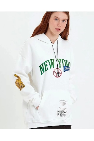 Kadın Baskılı Kapüşonlu Sweatshirt - Beyaz