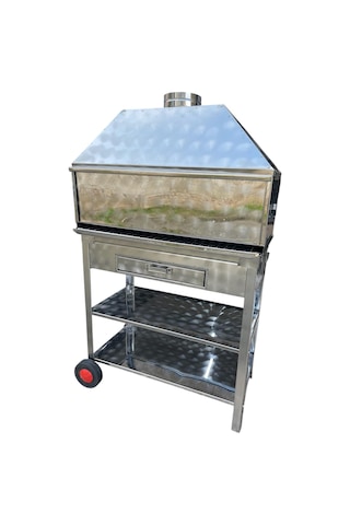 Paslanmaz Kömürlü Mangal 40 X 80 Cm Bacalı Barbekü Çekmeceli Tekerlekli Gri
