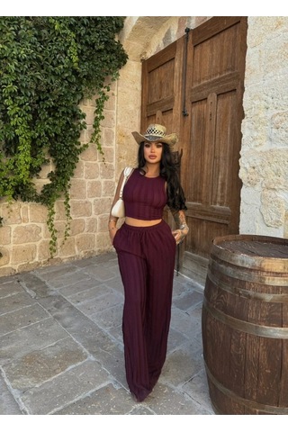 Evoa Kadın Bordo Halter Yaka Crop & Bol Paça Pantolon Fırfır Detaylı Gagari Takım Bordo Bordo