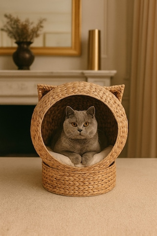 Evistro Dekoratif Kulaklı Minderli Hasır Kedi Köpek Yatağı Sepet