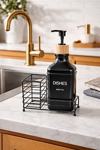 Makri Home Metal Stantlı Bambu Kapaklı Cam Sıvı Sabunluk/deterjanlık, 500 Ml, 15 8,5 23 Cm Siyah