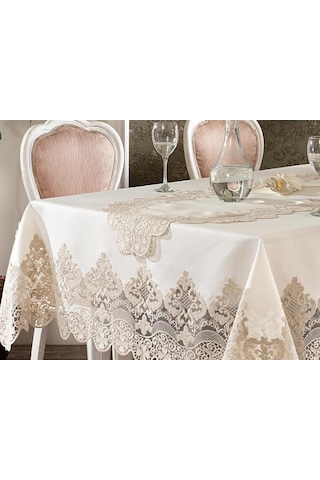 Fransız Güpürlü Yakut Masa Örtüsü Takımı 26 Parça Ekru Altın
