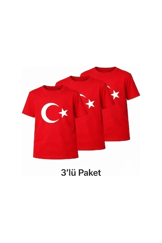 Parti Selesi Unisex 3 Adet Çocuk Bayrak Baskılı Kısa Kollu T-shirt Kırmızı