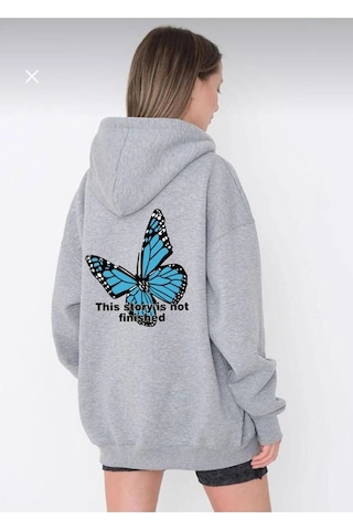 Altamira Unisex Siyah Kelebek Sırt Baskılı Ince Mevsimlik Kapşonlu Oversize Hırka 001