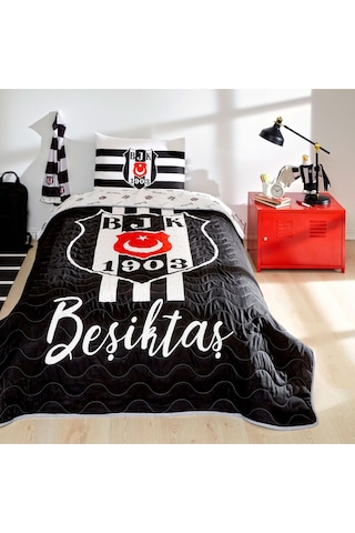 Taç Beşiktaş Stripe Tek Kişilik Yatak Örtüsü Seti Beşiktaş Lisans Siyah - Beyaz