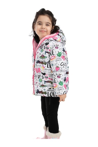 Kız Çocuk Içi Polarlı Kürklü Kapüşonlu Girls Yazılı Kelebek Desenli Kışlık Şişme Mont Beyaz