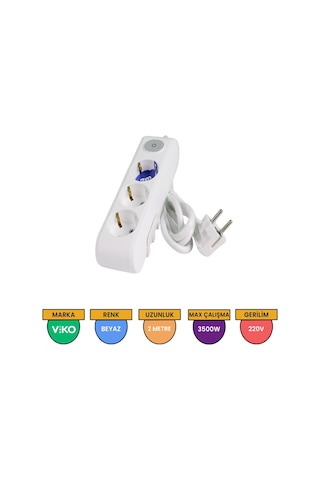 Viko Multi-let 3'lü Grup Priz Anahtarlı Topraklı Çocuk Korumalı 2 M Beyaz - 90117302