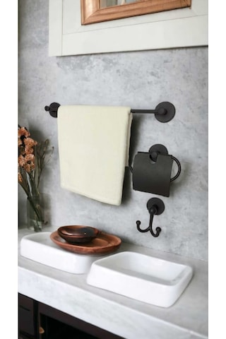 Yapışkanlı Banyo Seti, Siyah, Düz Havluluk, Kapaklı Tuvalet Kağıtlığı, Bornozluk Siyah