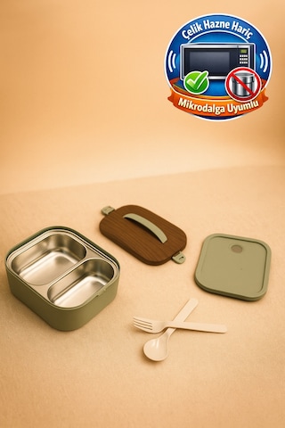 Lunchee - Çelik Bölmeli Sızdırmaz Ahşap Görünümlü Vakum Kapaklı Yemek Kabı Lunchbox 650 Ml Yeşil