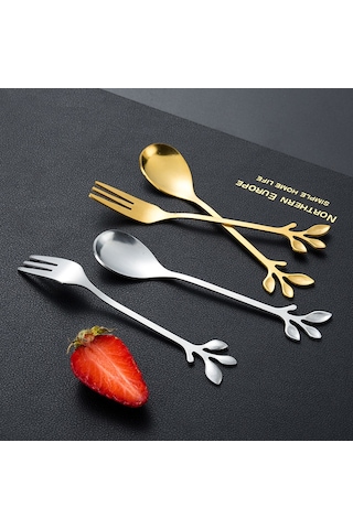 Kosona Gümüş Renkli Paslanmaz Çelik Kaşıklık Seti: Çay, Kahve Karıştırıcı, Kurabiye, Meyve, Ay Kek Yeme Kaşıkları - Doğa Motifli Zanaatî Tasarım Diğer