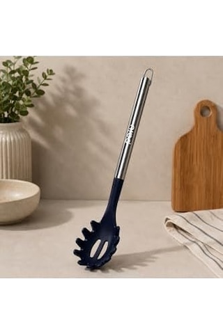Silikon Makarna Servis Kaşığı, Paslanmaz Çelik Saplı, Lacivert, 34 Cm