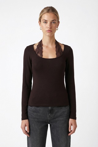 Ritnice Kadın Emma Dantel Detaylı Uzun Kollu Kahverengi Basic Top / Bluz Kahverengi