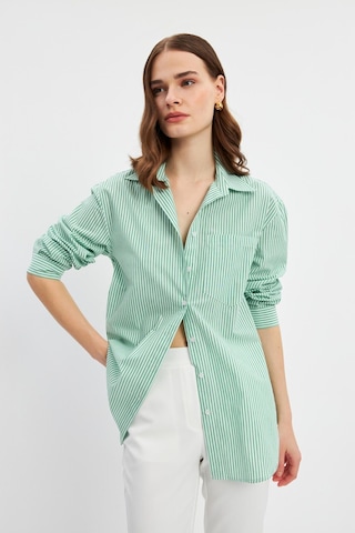 Stella Pulvis Yeşil Oversize Çizgili Tek Cep Gömlek Yeşil