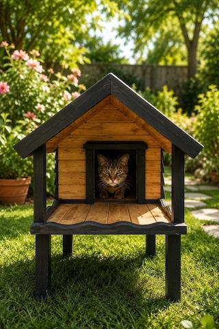 Reyo Narım Isı Yalıtımlı Ahşap Kedi Kulübesi, Kedi Evi Kedi Yuvası Dış Mekan Özel Tasarım 50x70x80 Cm