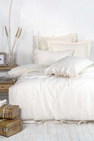 Ecocotton Amanda Çift Kişilik Nevresim Takımı %100 Organik Pamuk Keten Dantelli Krem 200x220 Cm-1473 Krem