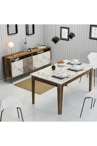 Milan Yemek Odası Takımı - Ceviz / Beyaz Mermer