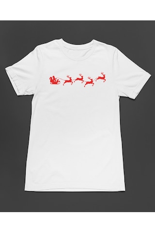 Bumeta Yılbaşı Santa Claus Geyik Silüet Noel Baba Baskılı Unisex Tişört T-shirt Beyaz