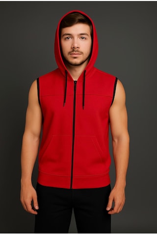 Axxel Erkek Kırmızı Fermuarlı Kapüşonlu Kanguru Cepli Kolsuz İnterlok Yelek-y1142 Kırmızı