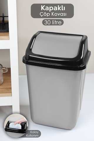 Kapaklı Plastik Çöp Kovası - Ev Ofis Banyo Mutfak Çöp Kovası Gri 30 Litre Gri