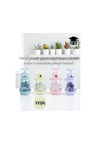 700 Ml Plastik Pipetli Suluk Boyun Askılıklı Sticker Ve Temizleme Çubuğu Hediyeli Turkuaz
