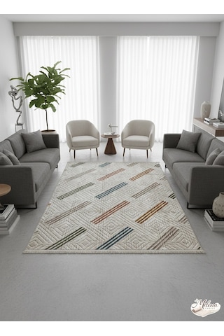 Konak Halı Renkli Modern Halı Geometrik Desenli Emboss Saçaklı Salon Halısı Krem