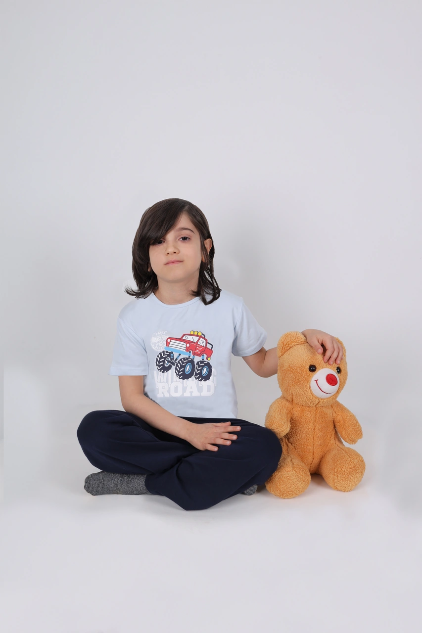 Koza İç Giyim Erkek Çocuk Pamuklu Kısa Kollu Baskılı Pijama Takımı A1123 Mavi - Lacivert