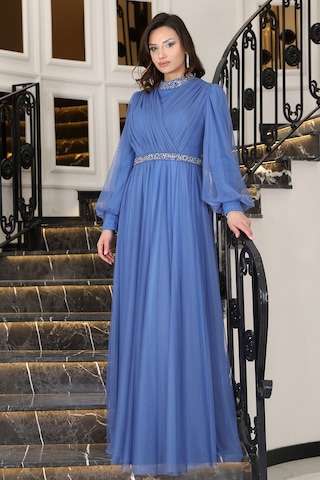 Senna Taş Detaylı Büyük Beden Şık Tesettür Abiye İndigo