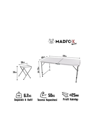 Madfox Nomad Duo Tabureli Katlanır Kamp Masası Seti Beyaz