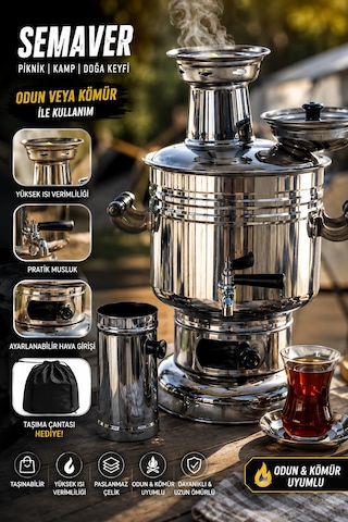 Paslanmaz Çelik Krom Semaver 4.5 Litre - Çantalı - Kömür & Odun Semaveri