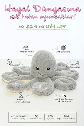 Peluş Ahtapot Uyku Ve Oyun Arkadaşı Gri Gri