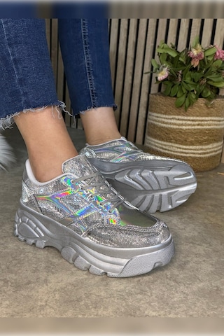 Günlük Kadın Sneaker Kalın Yüksek Taban Bağcıklı Rahat Tiger Şeritli Spor Ayakkabı 032 13 - Gümüş Holo