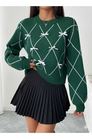 Sayzen Your Shine Baklava Desenli Kurdele/fiyonk Detayli Triko Kazak Sy-001kzk-gri Yeşil