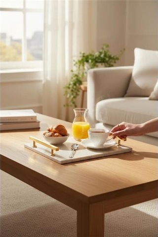 Akayev Traverten Altın Florya 30x20 Cm Tepsi Beyaz