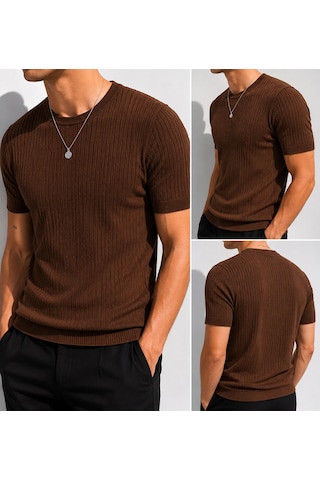 Ribana Erkek Kısa Kollu Bisiklet Yaka Esnek T-shirt 26022 Kahverengi