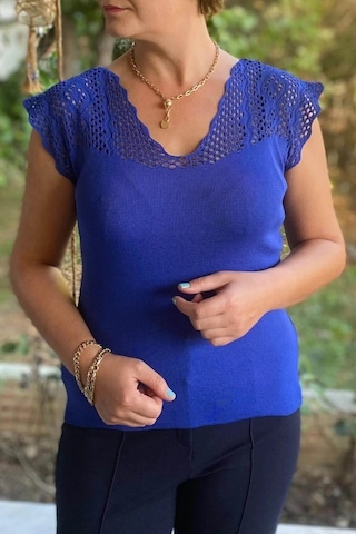 Mia Butik Kadın Saks Mavi Sıfır Kol Ajurlu Triko Bluz Saks Mavi