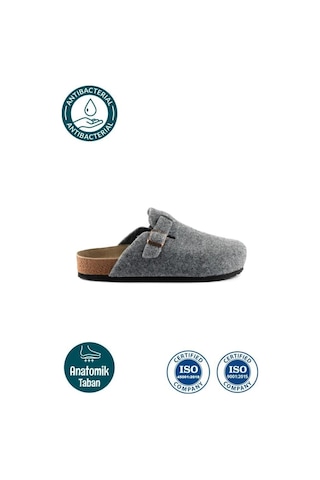 Moda Devrin Unisex Gri Kışlık Keçeli Önü Kapalı Mantar Taban Konfor Model Sabo Günlük Rahat Ev Terliği