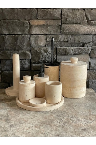 Yeni Traverten 8'li Banyo Seti Kendinden Tutmalı Kapaklar Beyaz