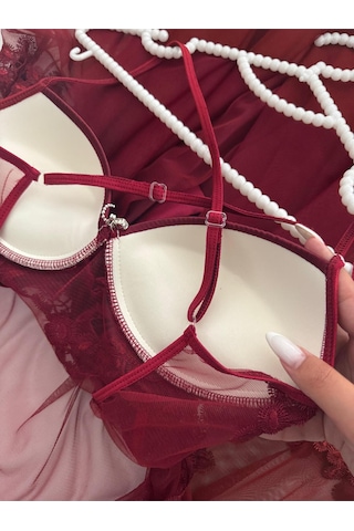 Mh Moony Homewears Kutulu Türkan Bordo Destekli Gecelik Sabahlık Seti Bordo