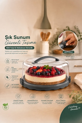 Porsima L-501 Caramel Kek Saklama Taşıma Kabı Fanusu Gri