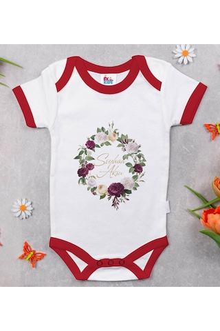 Bk Gift Bk Kids Kişiye Özel Çiçek Tasarımlı Kırmızı Bebek Body Zıbın-14 Çok Renkli