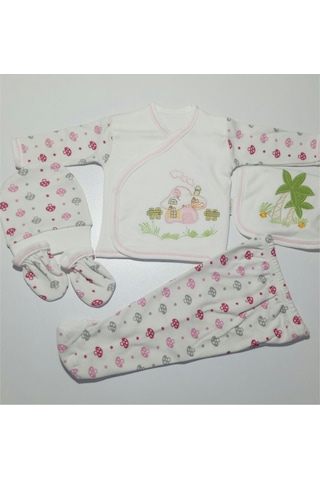 Mantar Baskılı Bebe Zıbın Seti 5'li Açık Bej