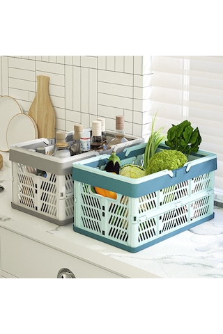Sones 30,5x20,5x16,5 Cm Plastik Katlanır Saklama Sepeti Alışveriş Sepeti Kamp Saklama Kutusu Saplı Mavi